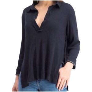 We The Free Annie Ribbed Collared Top Black 3/4 Sleeve
